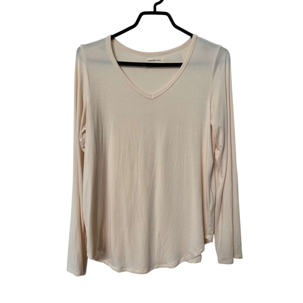 Jackson Rowe Womens Small Cream Modal V-Neck Long Sleeve Curved Hem Tee Top